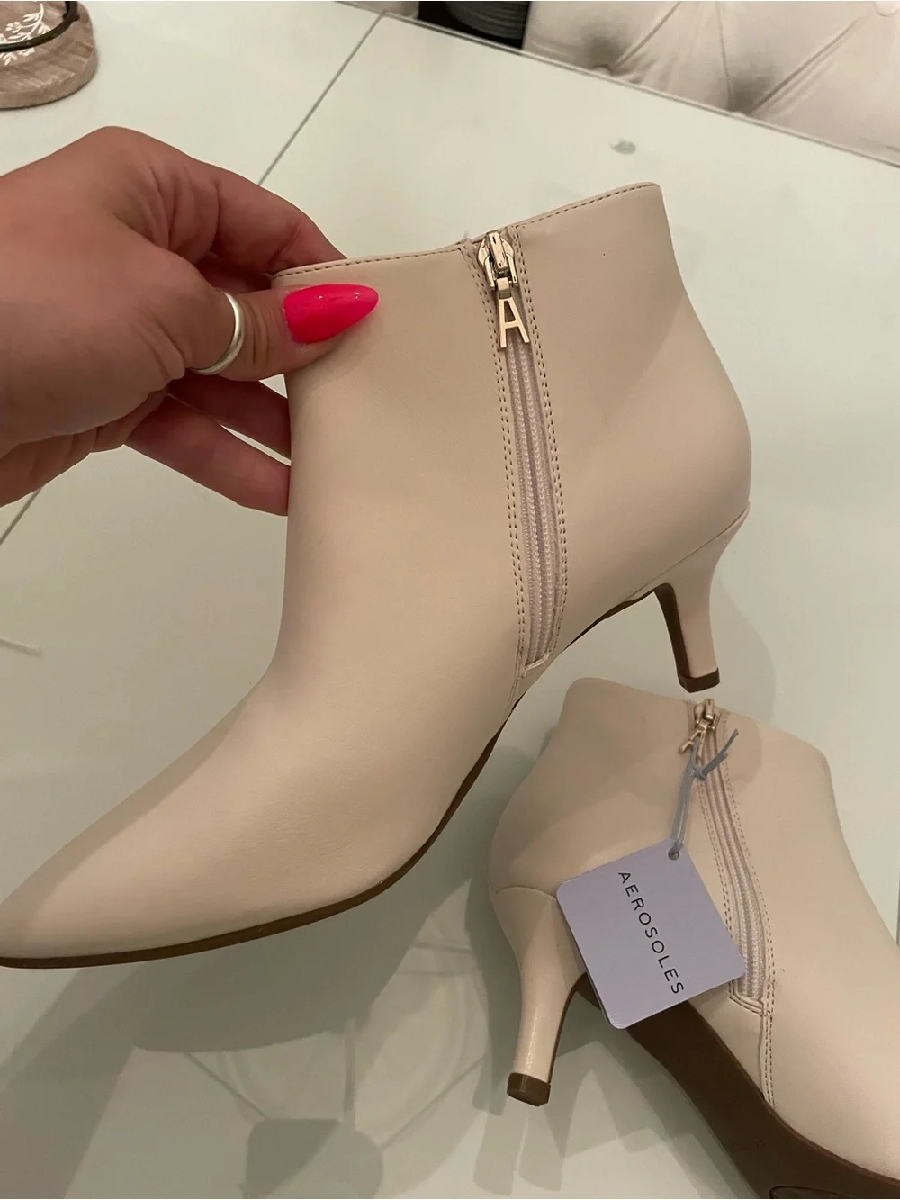 AEROSOLES Cream Side-Zip Kitten Heel Ankle Booties